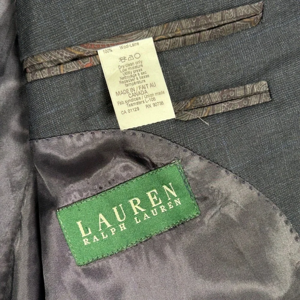 Lauren Ralph Lauren Blazer Windowpane Plaid  100% Wool Charcoal Gray Mens 42R